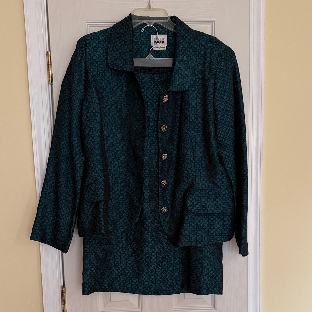 Leslie Fay Teal Textured Skirt Suit Set Size 16 Vintage Formal Jacket & Skirt